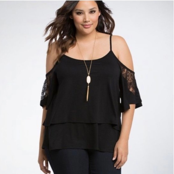 Torrid Lace Trimmed Layered Cold Shoulder Top - Picture 1 of 3